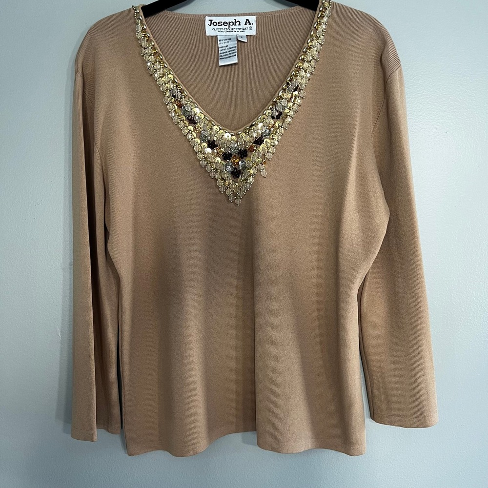 Joseph A. Beaded Sequin V-Neck Ribbed Knit Sweater Tan Long Sleeve‎ L chic